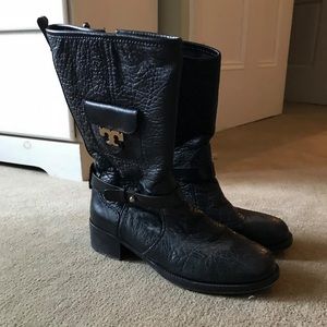 “Leona” Black Leather Mid Calf Logo Boots